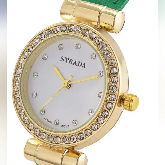 New Strada Austrian Crystal Watch w/ Green Strap & Gold Detailing with Crystals - Picture 3 of 4